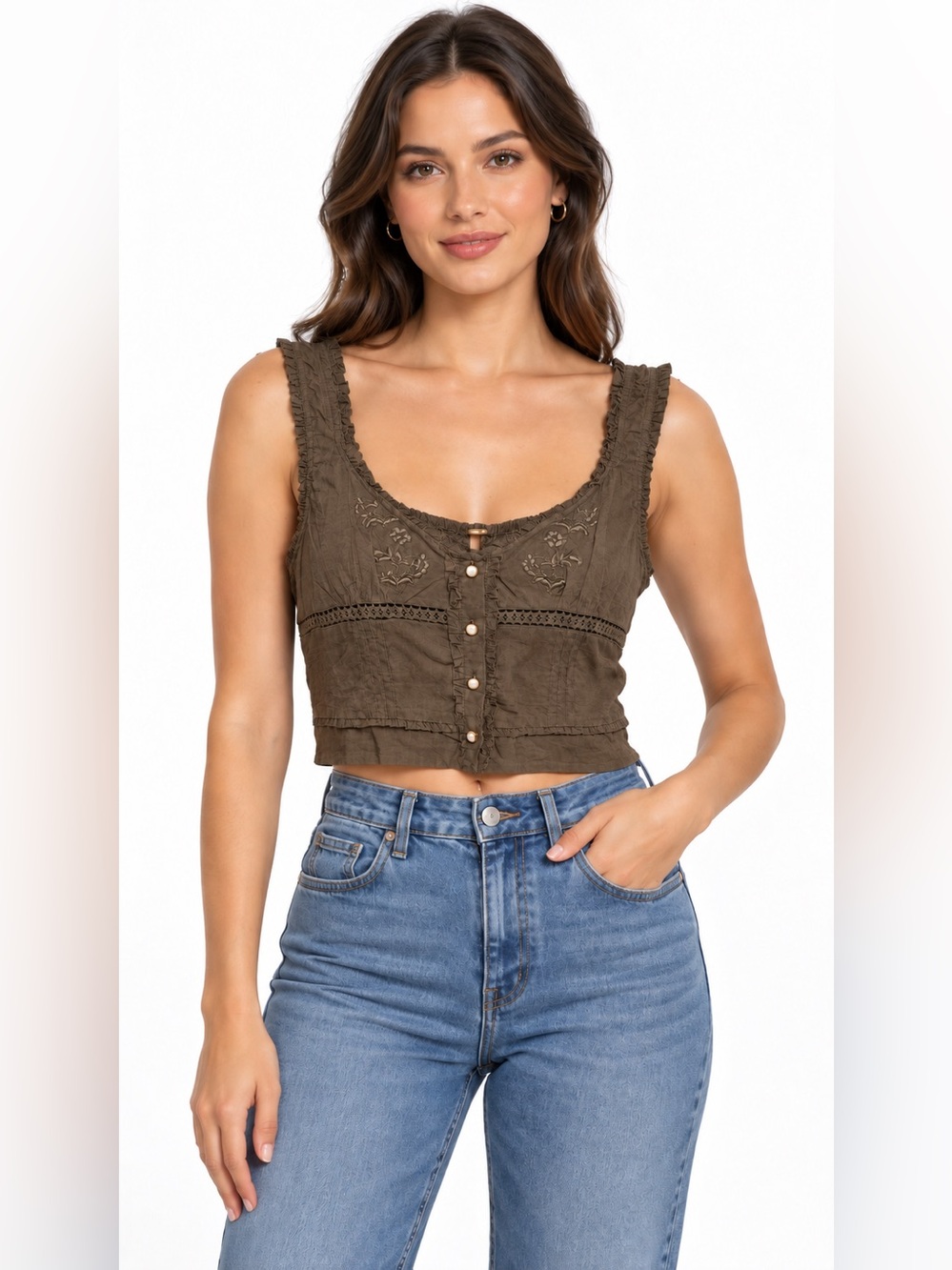Free People Olive Brown Embroidered Button-Front Crop Camisole